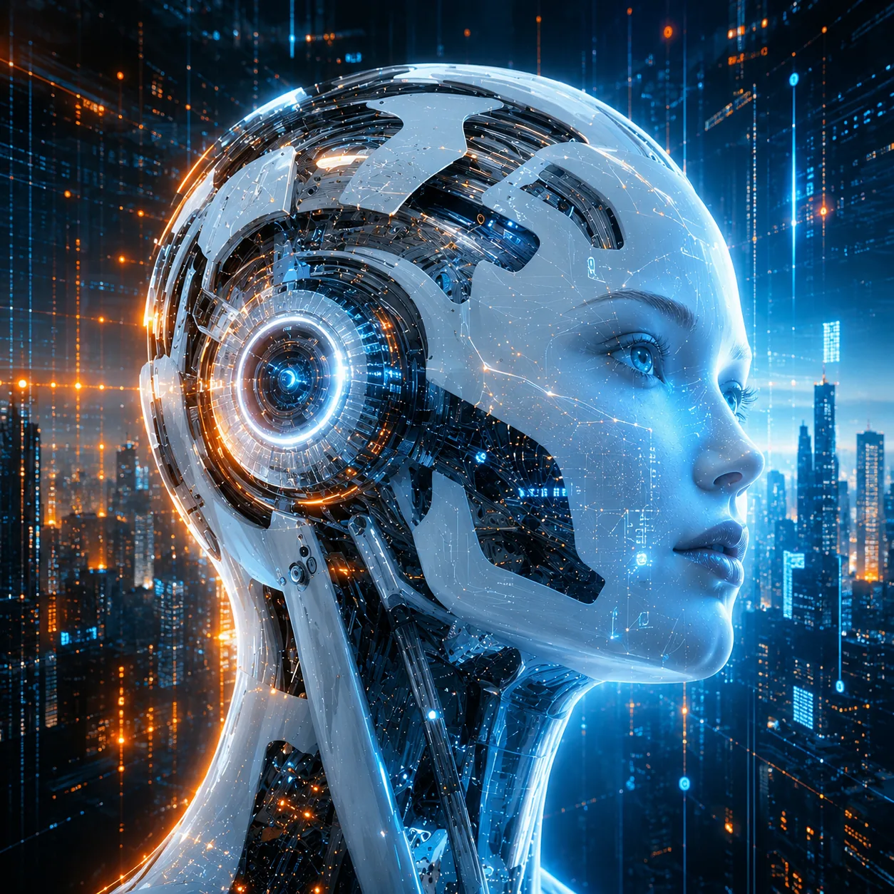 Rostro humanoide futurista con circuitos luminosos sobre una ciudad tecnológica