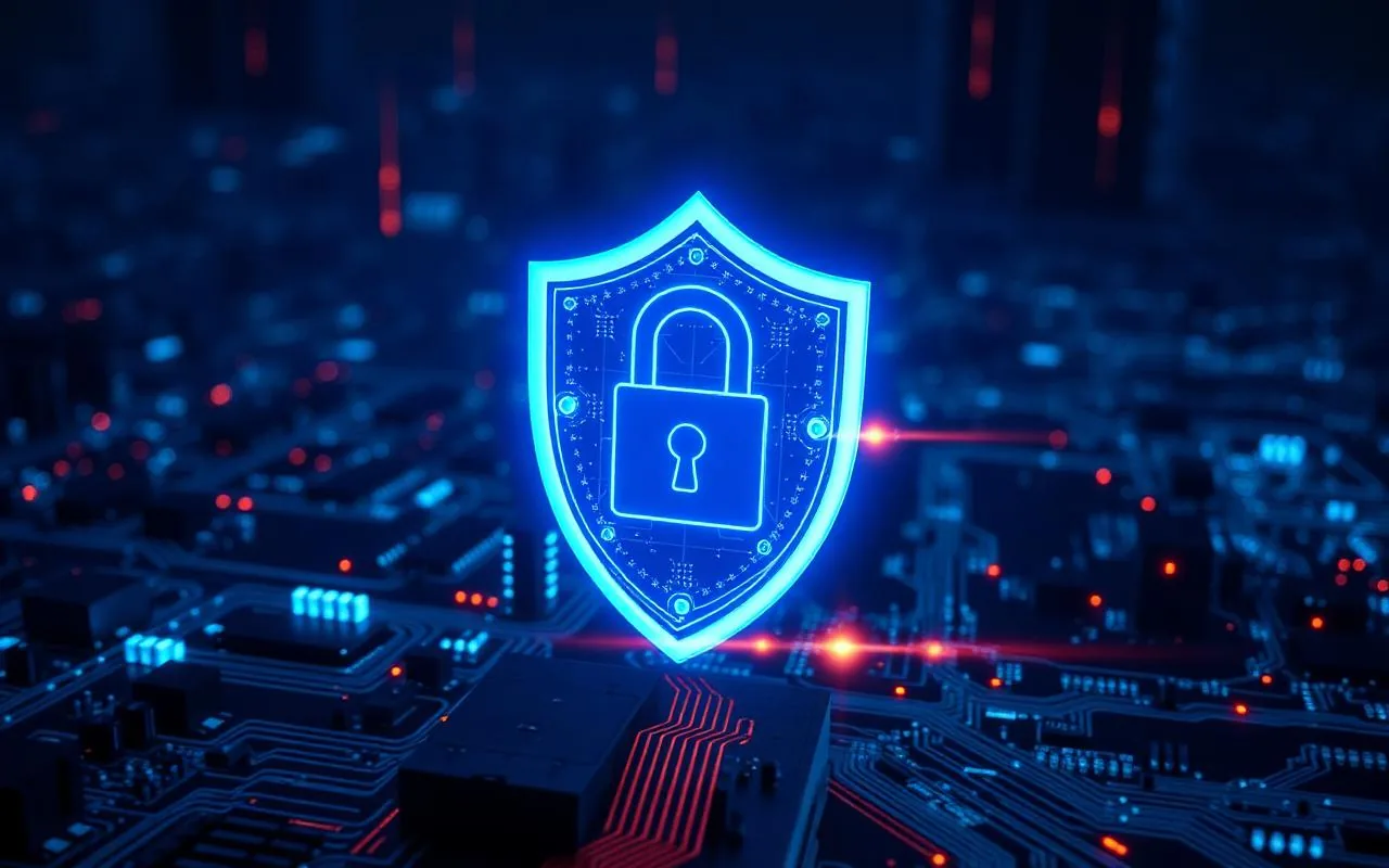 Escudo holográfico de protección de datos personales sobre una ciudad de circuitos